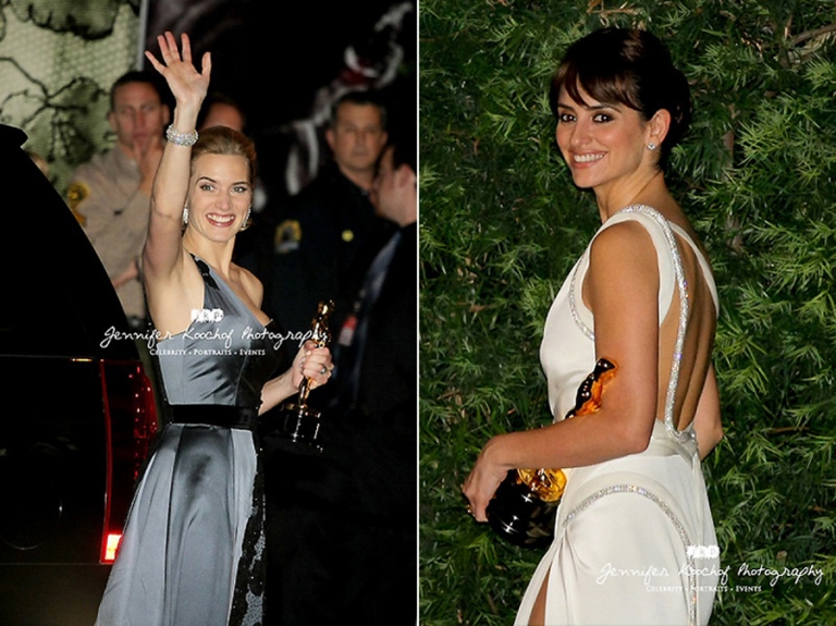 Kate Winslet holding Oscar. Penelope Cruz holding Oscar