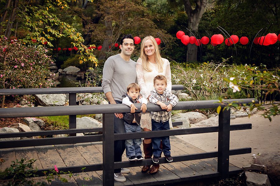 Family Session at Descanso Gardens. Couple with two small boys posing on a bridge