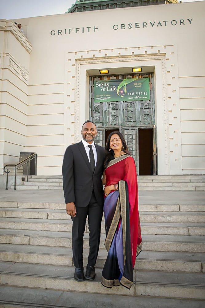 Holiday-Family-Portrait Session-Griffith Observatory-003 Couple in formal Indian attire at Griffith Park Observatory.