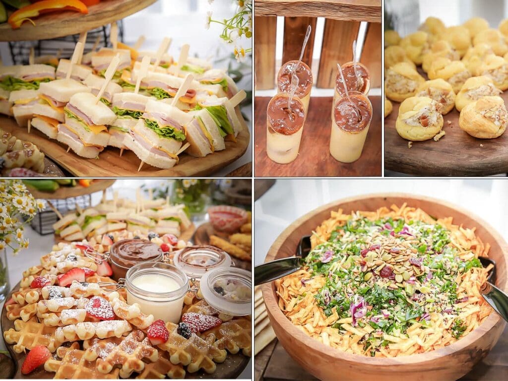 A vibrant collage of party foods, perfect for a kids birthday party photographer: sandwiches, cream puffs, drinks in clear cups, waffles with fruit and syrup, plus a large salad with mixed greens, nuts, and crunchy toppings.
